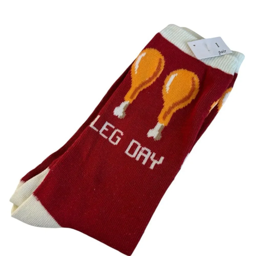 Hilarious Unisex Red & White Leg Day Socks w/ Drumsticks. 🍗 🍗